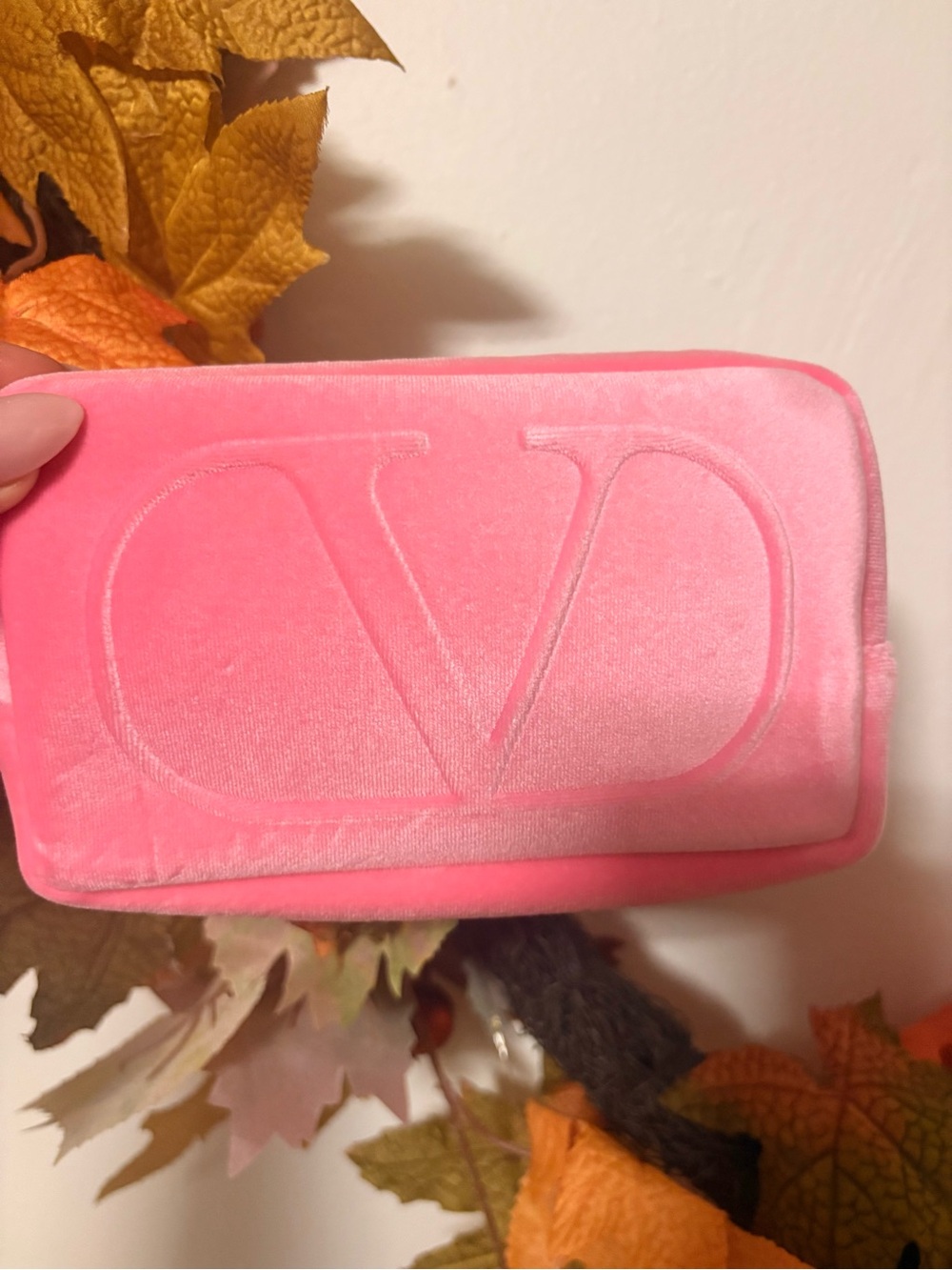 Valentino Pink Velvet Embossed V Cosmetic Pouch